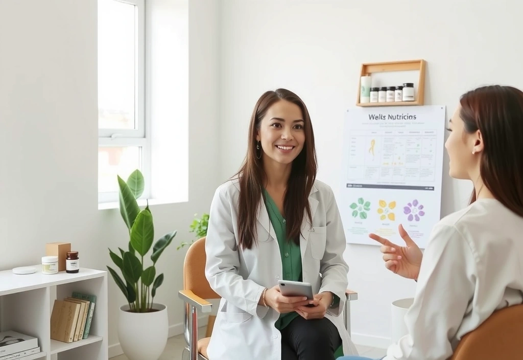 Professional nutritionist consultant in white coat discussing wellness plans with client in modern consultation room