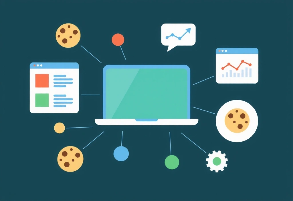 Cookies and tracking technologies illustration with browser and analytics elements