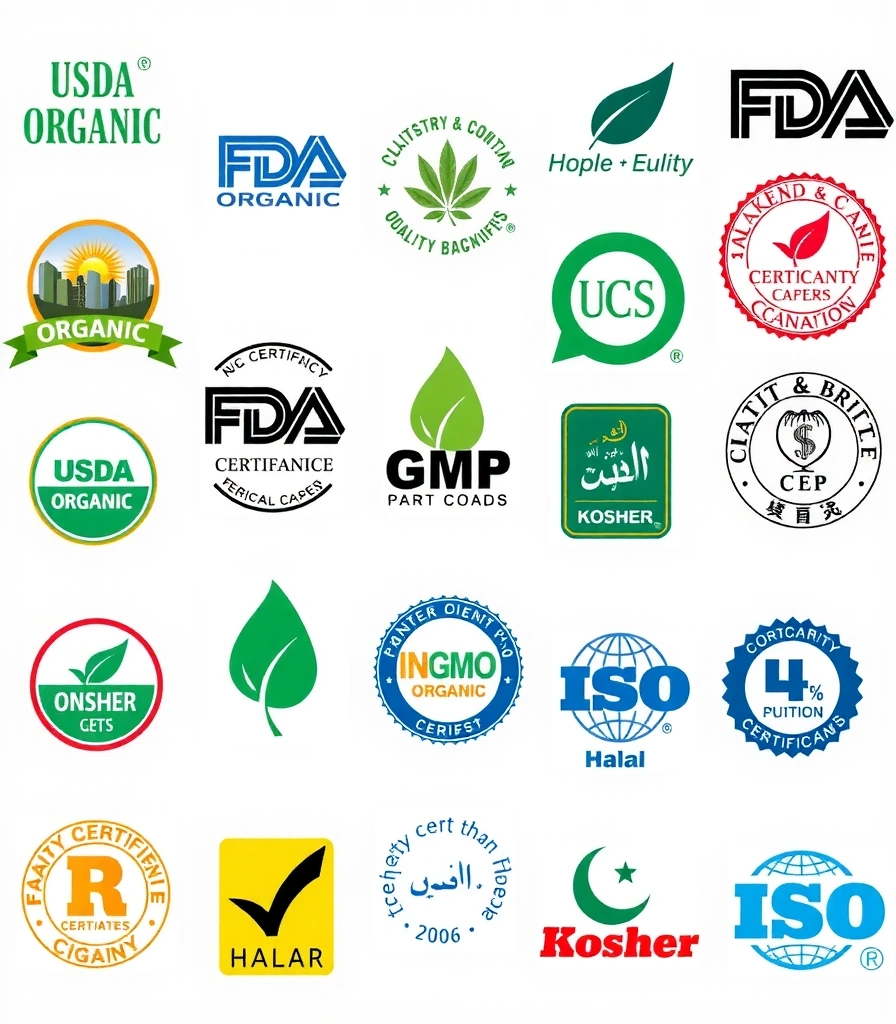 Display of various certification badges and quality standard logos arranged professionally showing industry compliance