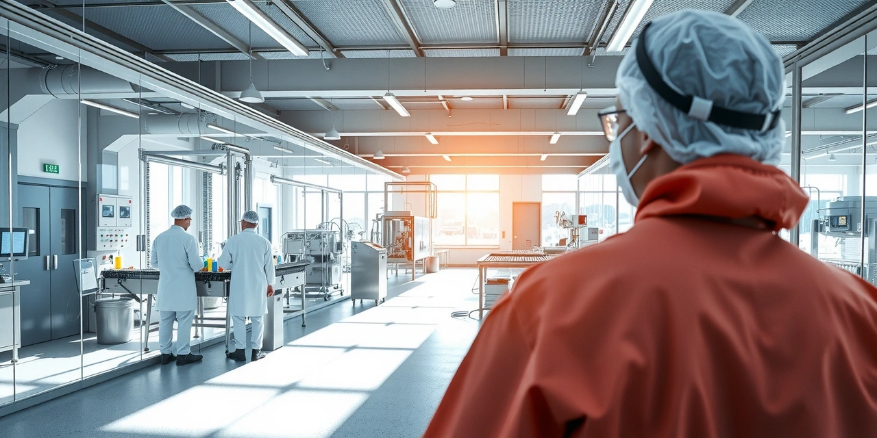 Modern supplement manufacturing facility with transparent glass walls showing the production process from ingredient preparation to final packaging